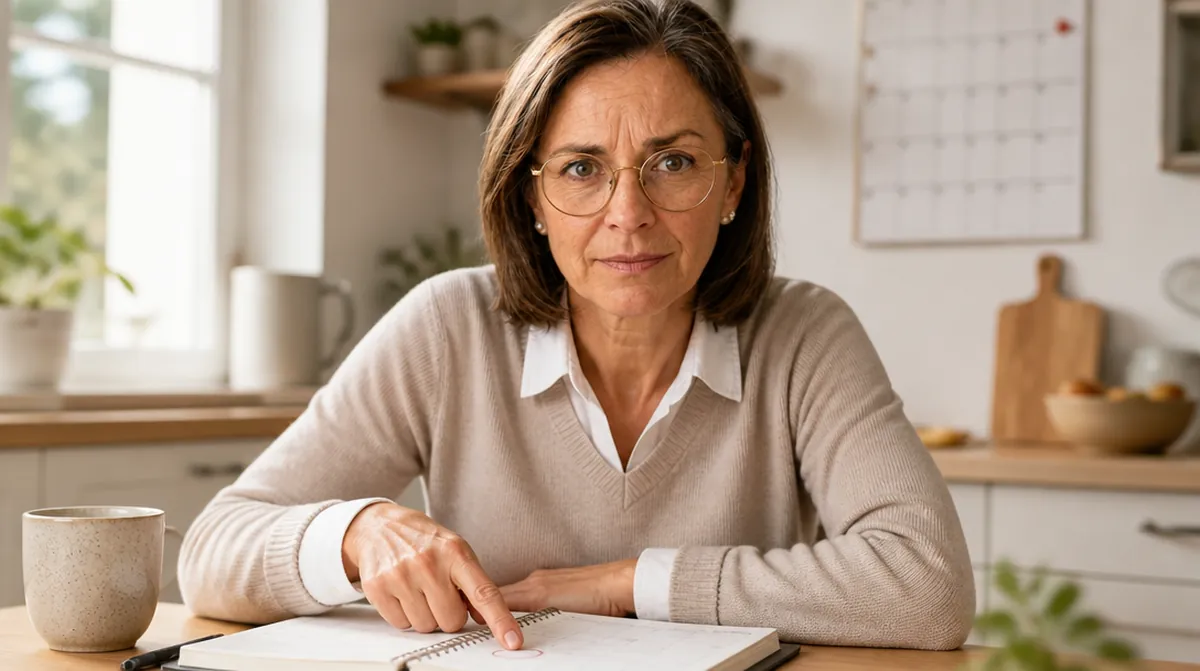 Valérie montre une date entourée sur un agenda pour expliquer l'âge légal de départ à la retraite