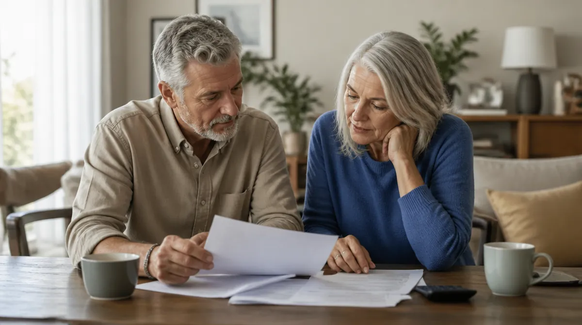 Un couple d'une soixantaine d'années relit ses papiers de retraite pour choisir sa date de départ