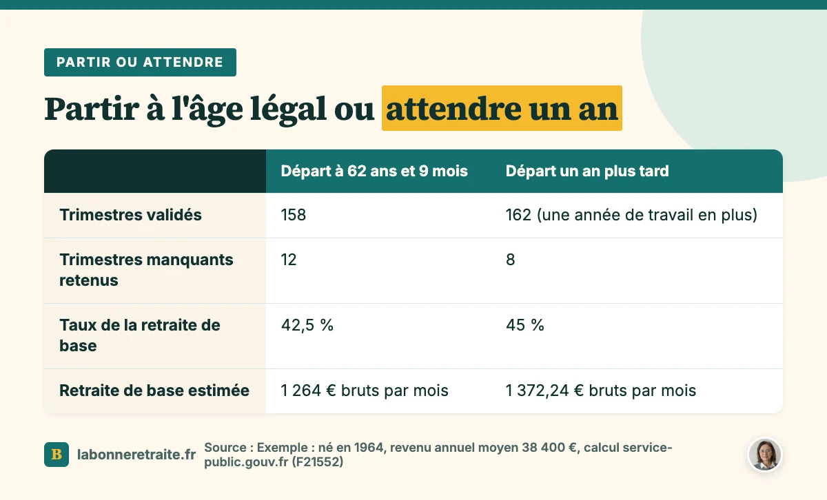 Comparatif chiffré : partir à l'âge légal sans tous ses trimestres ou travailler un an de plus, décote et pension de base