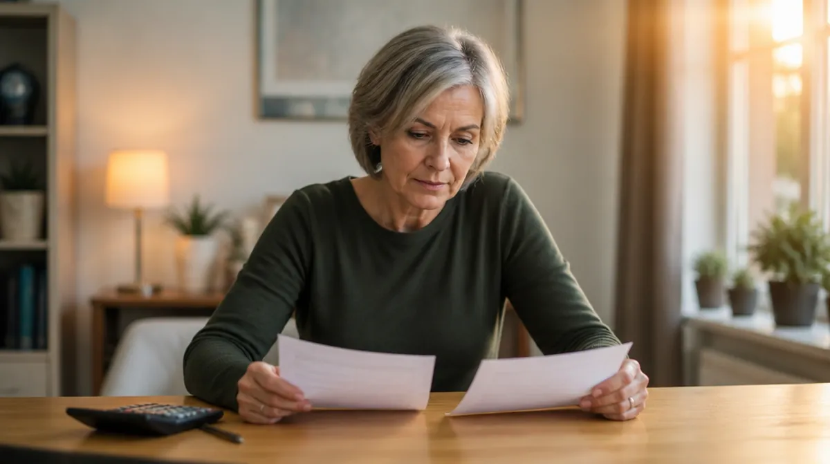 Une femme de 62 ans compare deux courriers de sa caisse de retraite avec une calculatrice
