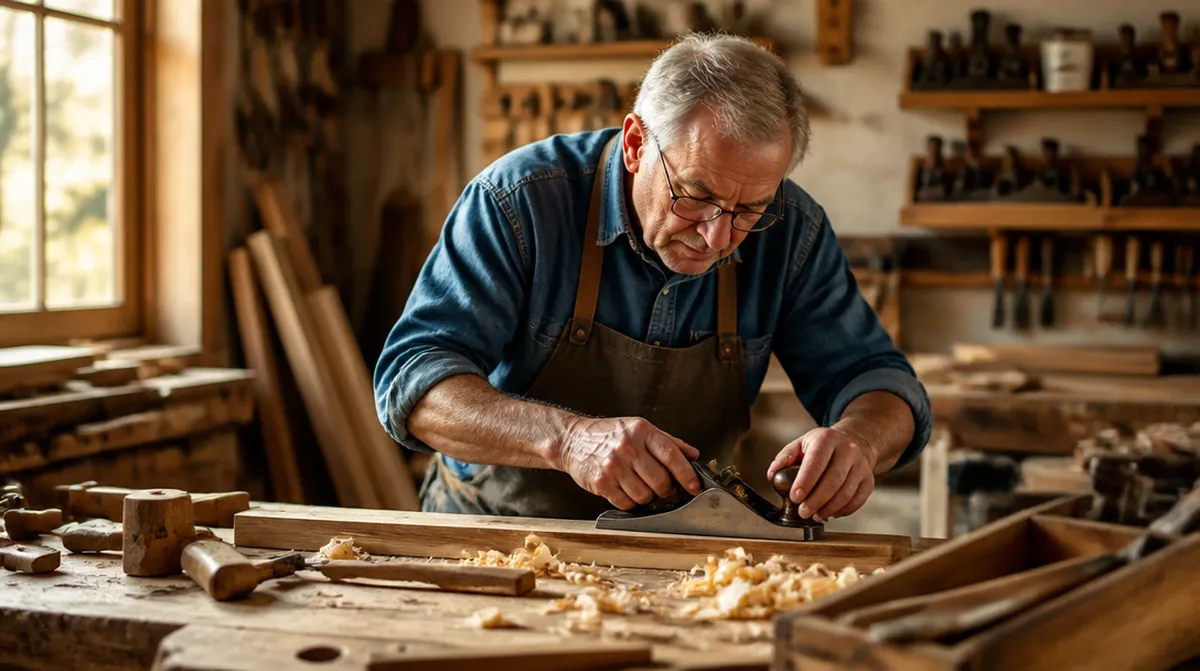 Un artisan d'environ 70 ans travaille le bois dans son atelier