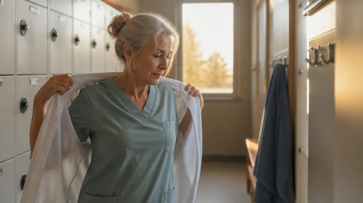 Une soignante d'une soixantaine d'années retire sa blouse dans un vestiaire d'hôpital