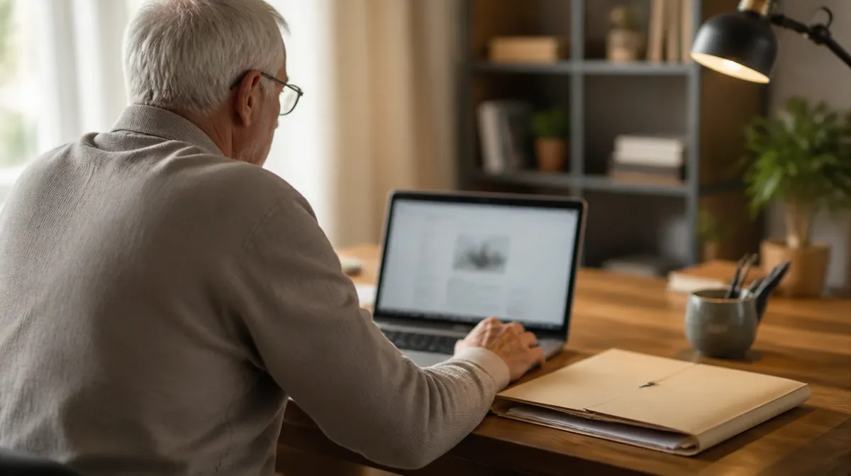 Un futur retraité prépare sa demande de retraite en ligne, ses justificatifs à côté de l'ordinateur