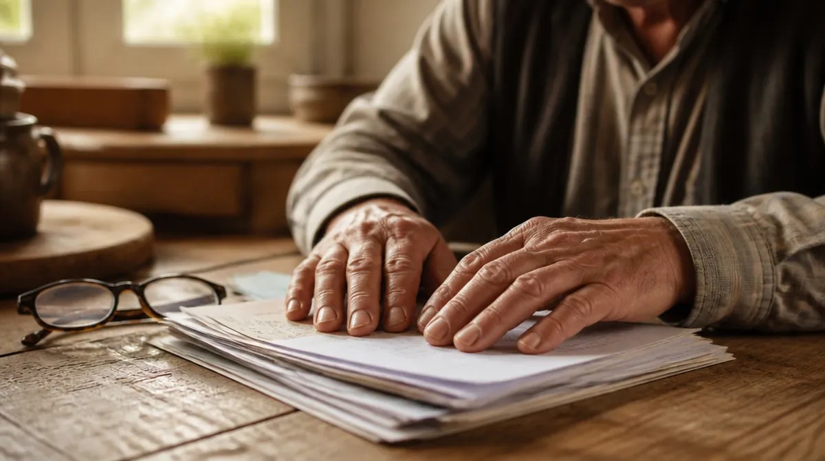 Les mains d'un agriculteur de 63 ans posées sur ses papiers de retraite, sur une table de cuisine de ferme