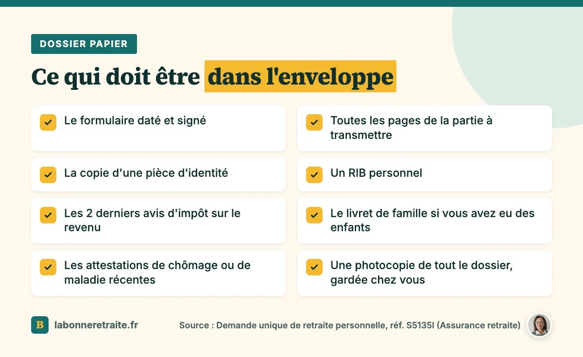 Checklist pour demander sa retraite par courrier : formulaire signé, toutes les pages, copies des justificatifs