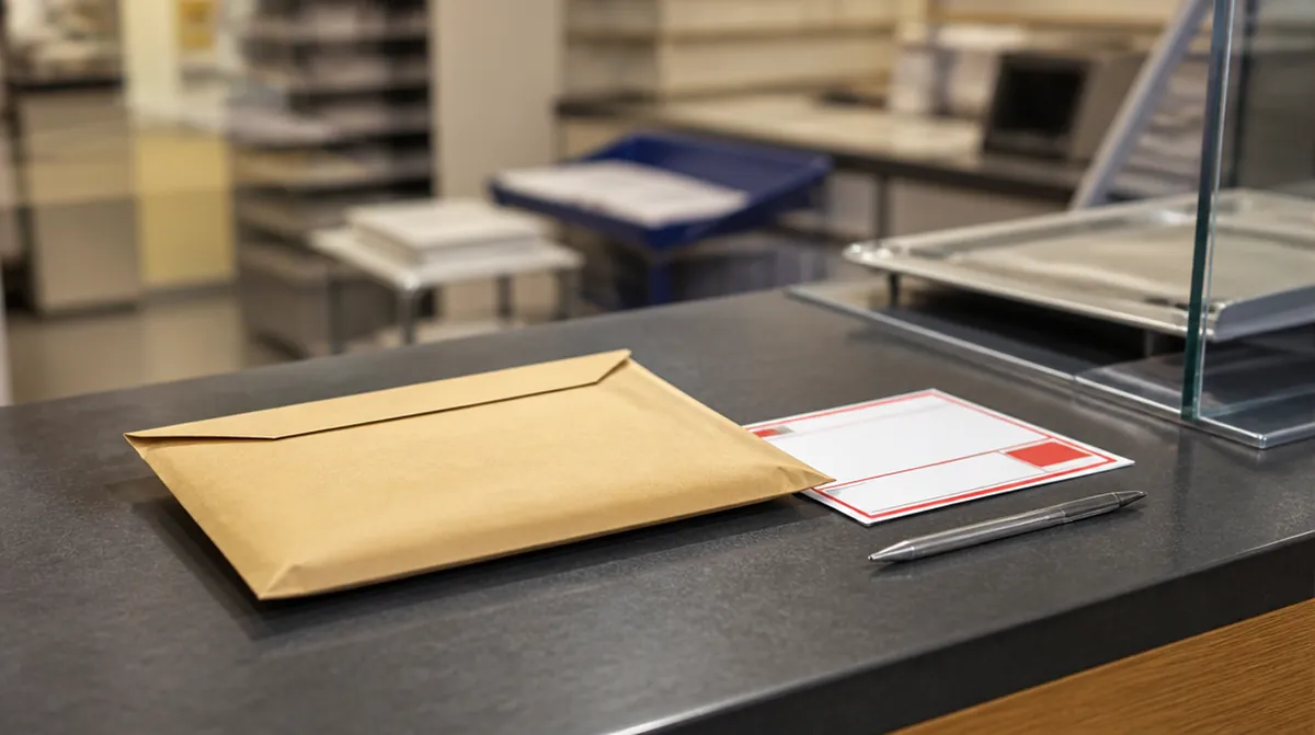 Une enveloppe épaisse et un avis de recommandé vierge sur le comptoir d'un bureau de poste