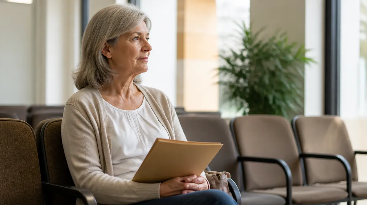Une femme de 60 ans attend son rendez-vous avec un conseiller retraite, un dossier sur les genoux