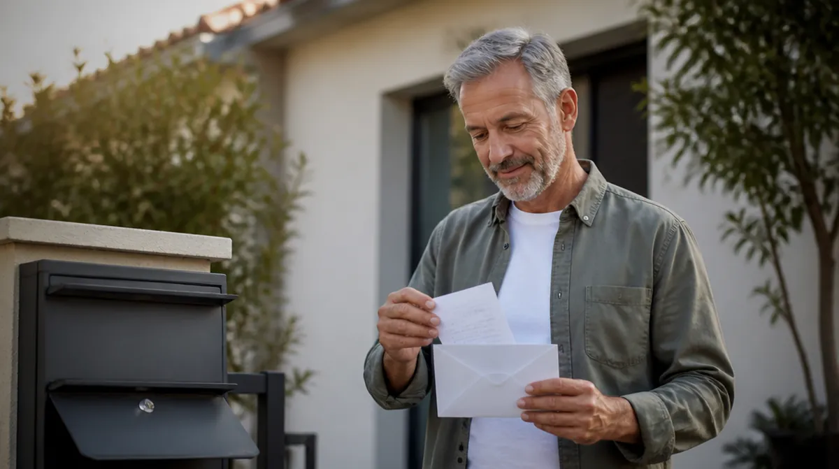 Un homme de 56 ans ouvre une enveloppe à sa boîte aux lettres, devant sa maison