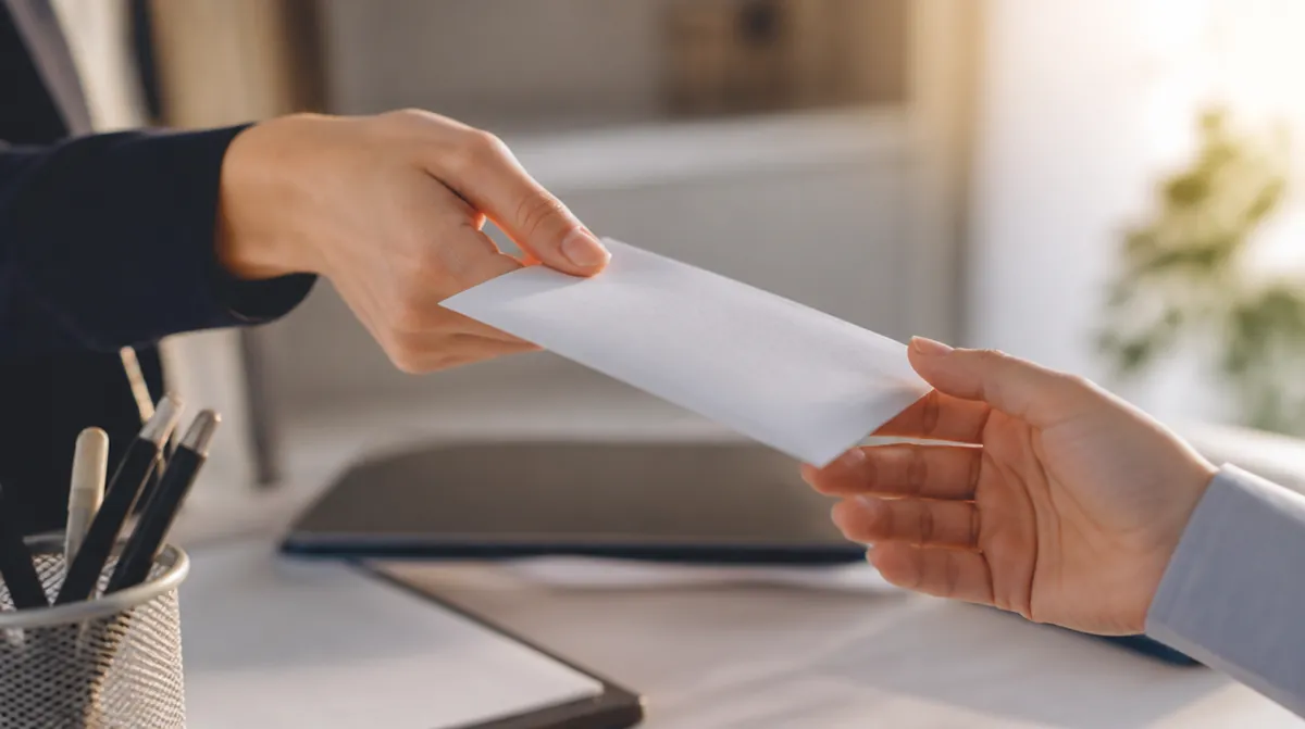 Une main remet une enveloppe blanche à une autre au-dessus d'un bureau, comme une lettre remise en main propre