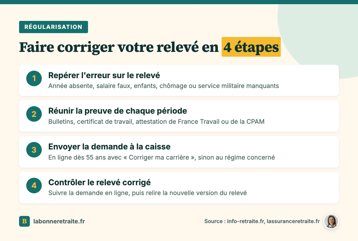 Les 4 étapes d'une régularisation de carrière : repérer l'erreur, réunir la preuve, envoyer la demande, contrôler le relevé
