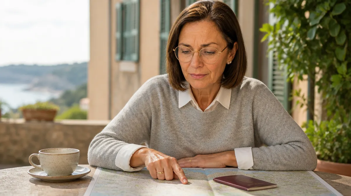 Valérie prépare sa retraite à l'étranger devant une carte routière et un passeport en terrasse
