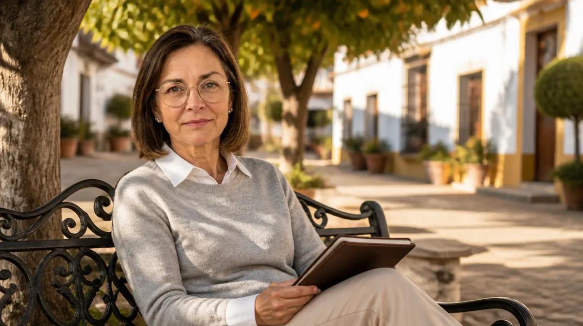 Valérie sur une place de village andalou, à l'ombre d'un oranger, pour parler de retraite en Espagne