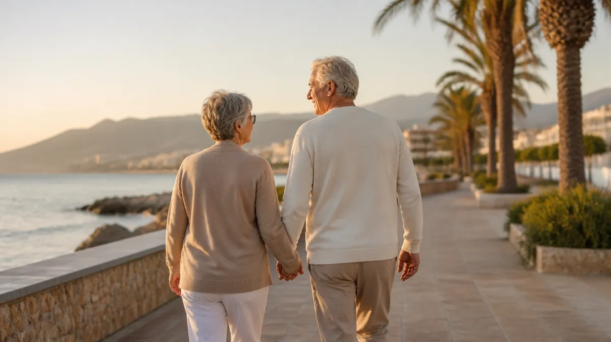 Un couple de retraités se promène sur un front de mer en Espagne en fin de journée