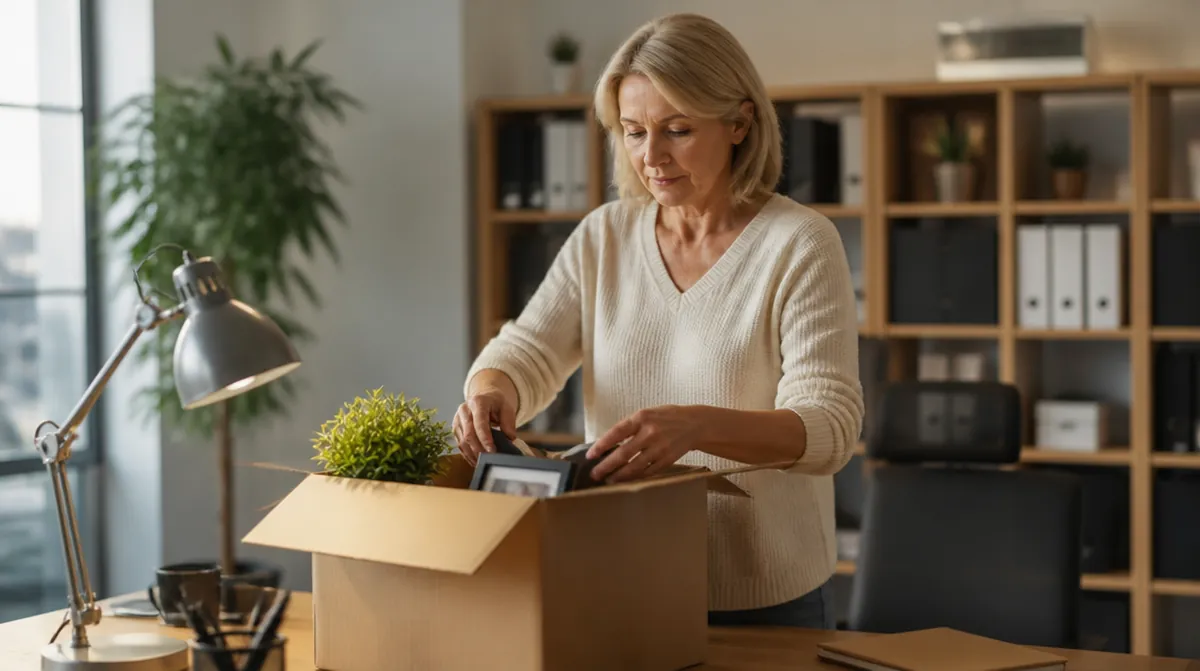 Une salariée de 59 ans range son bureau dans un carton à la fin de sa carrière