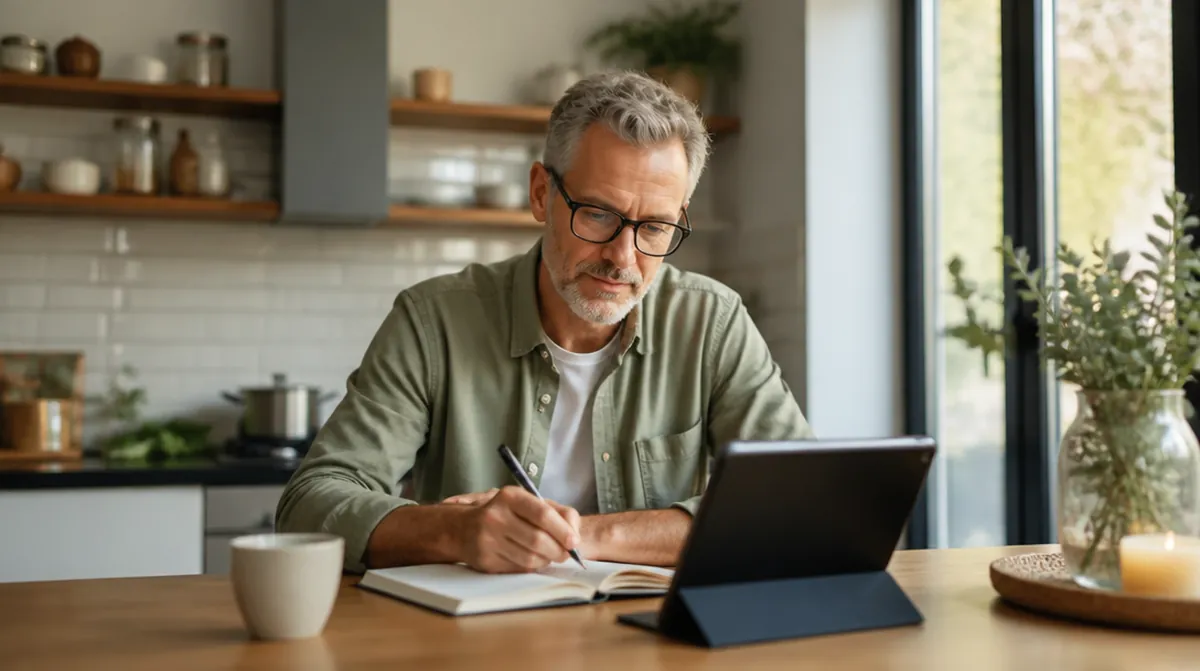 Un homme de 56 ans prend des notes devant une tablette pour une formation en ligne