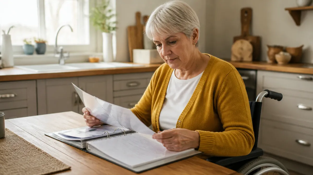 Une femme invalide de 61 ans relit les courriers de sa caisse avant son passage à la retraite