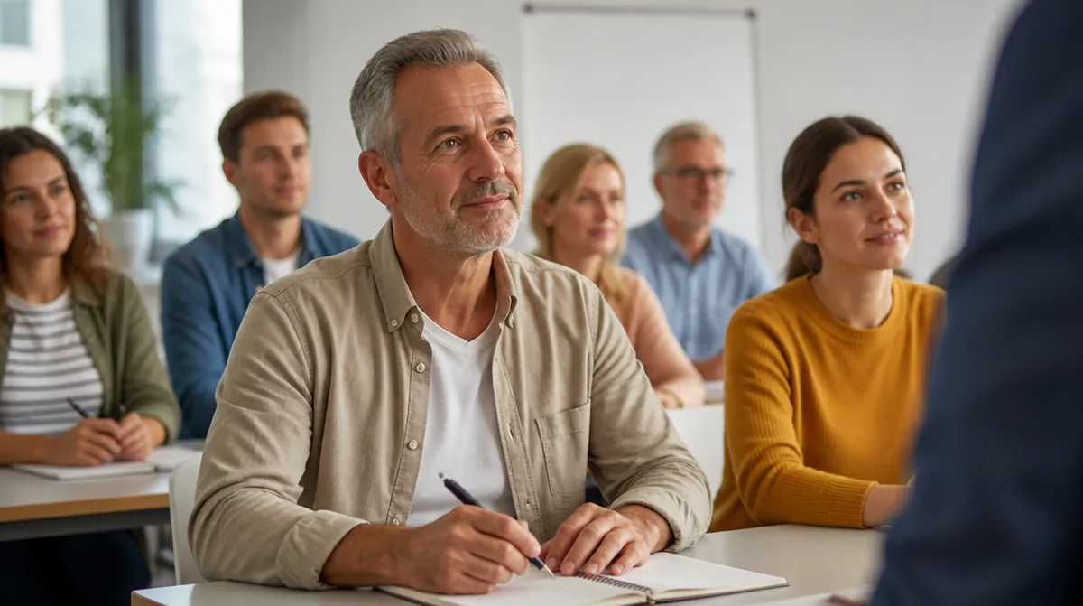 Un homme de 56 ans prend des notes pendant une formation de reconversion, parmi des stagiaires de tous âges