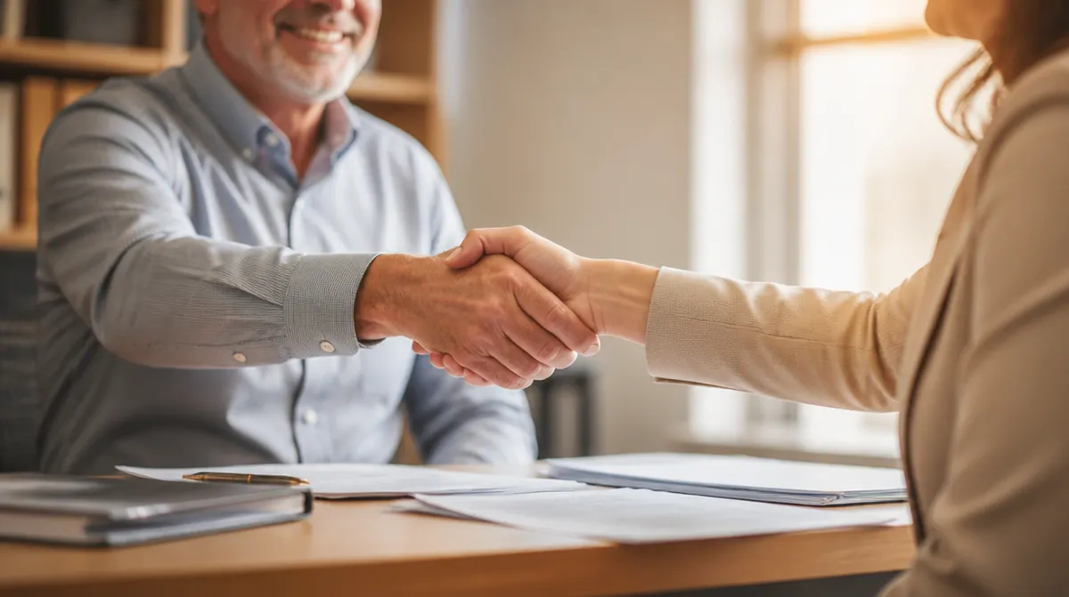 Poignée de main au-dessus d'une convention de rupture signée par un salarié d'environ 60 ans