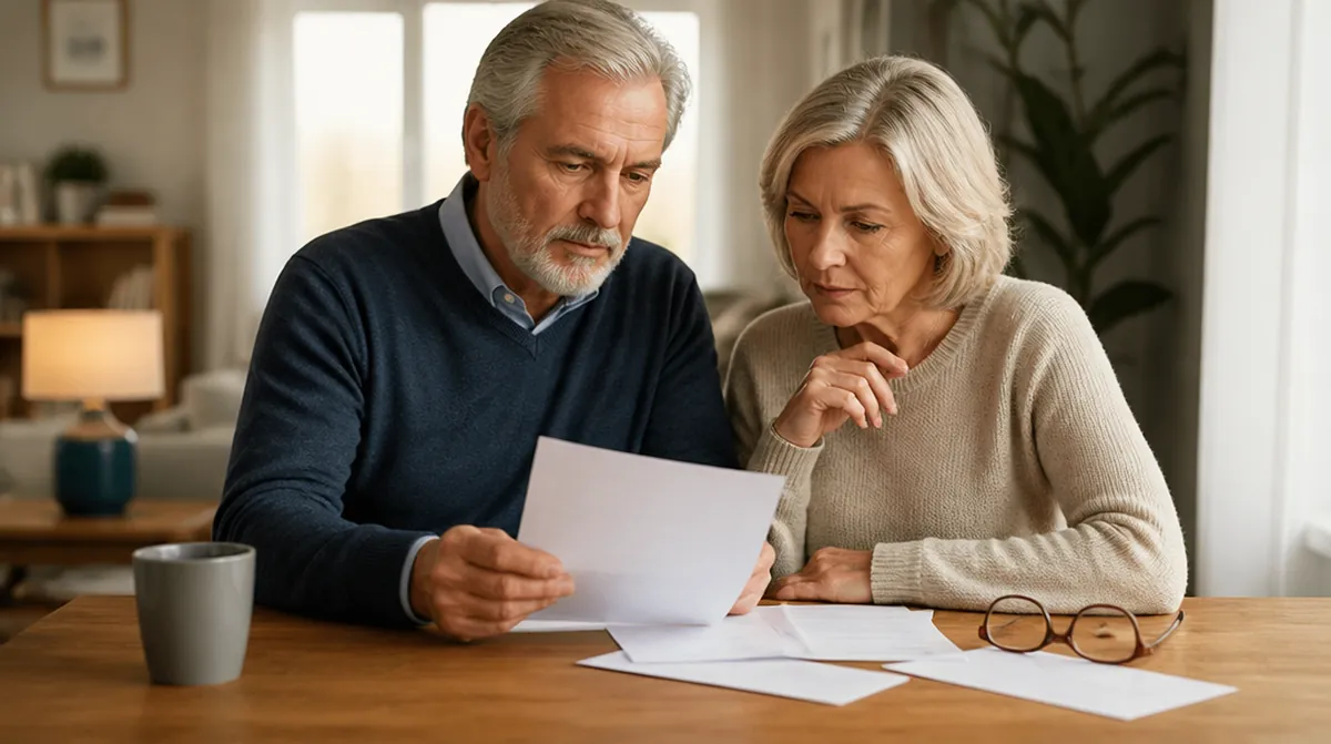 Un couple d'environ 60 ans lit les courriers de sa caisse sur le montant de sa pension de retraite