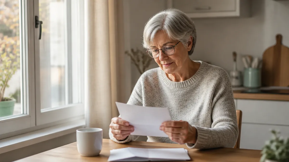 Une retraitée relit un courrier de sa caisse de retraite près de la fenêtre de sa cuisine