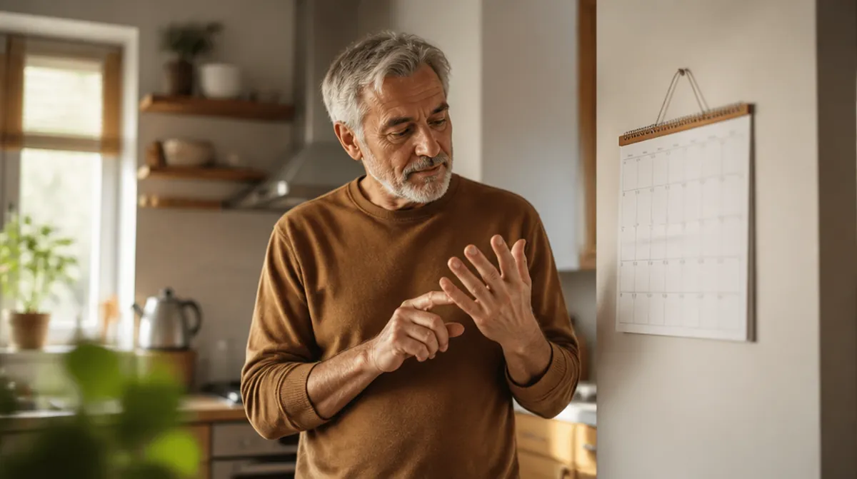 Un homme de 62 ans compte sur ses doigts les trimestres qui lui manquent devant un calendrier