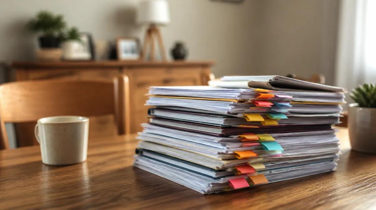 Une pile de documents de retraite annotés de marque-pages pour vérifier le calcul de la pension
