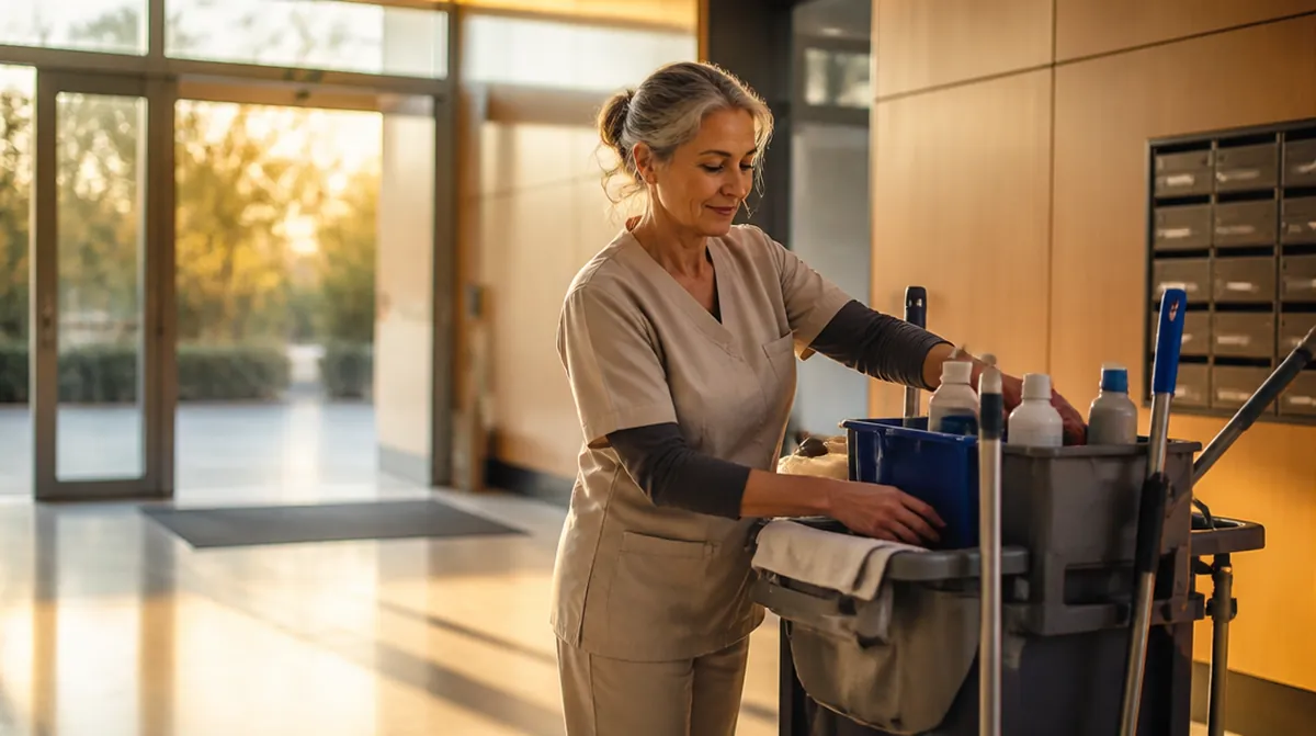 Une agente d'entretien de 61 ans range son chariot en fin de journée dans un hall d'immeuble