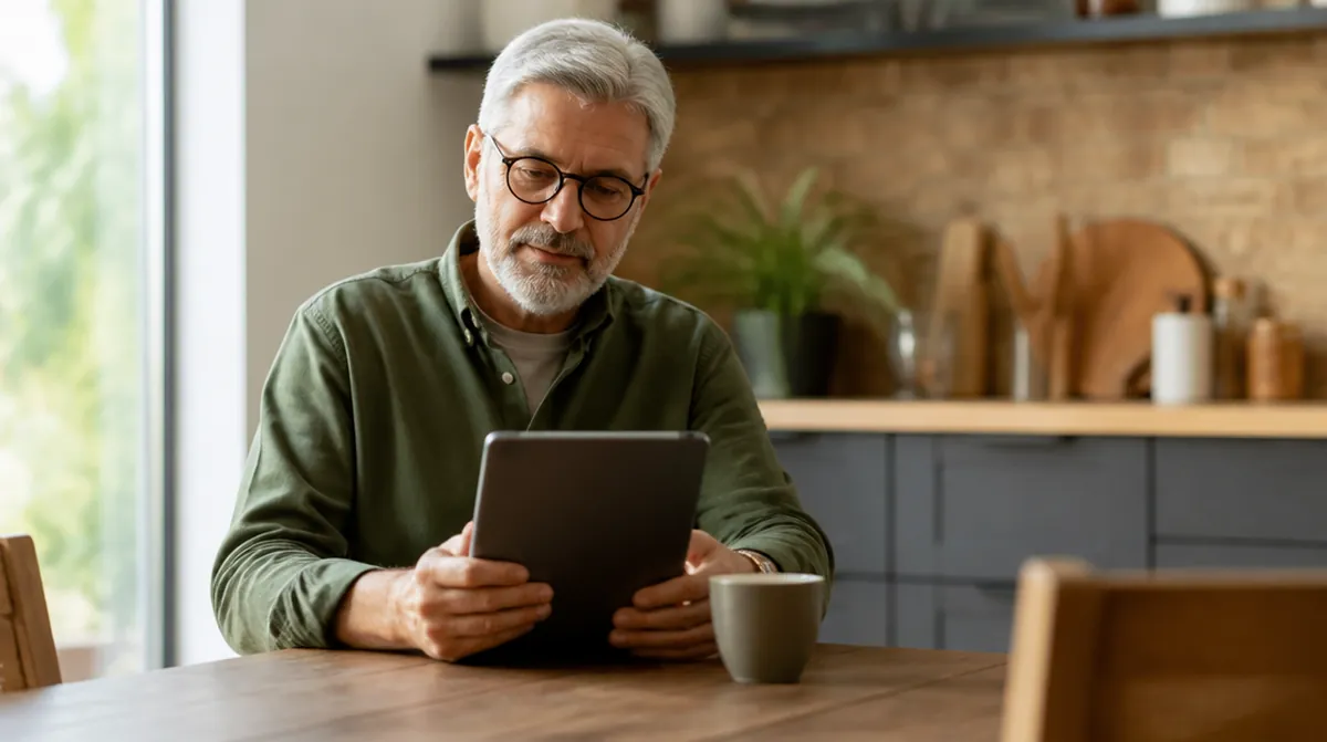 Un jeune retraité consulte son espace fiscal sur une tablette pour modifier son taux de prélèvement