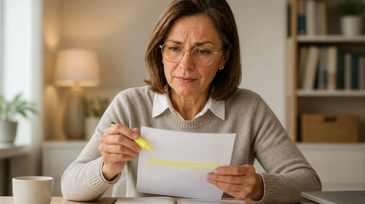 Valérie surligne deux lignes d'un relevé de pension pour passer de la retraite brut en net