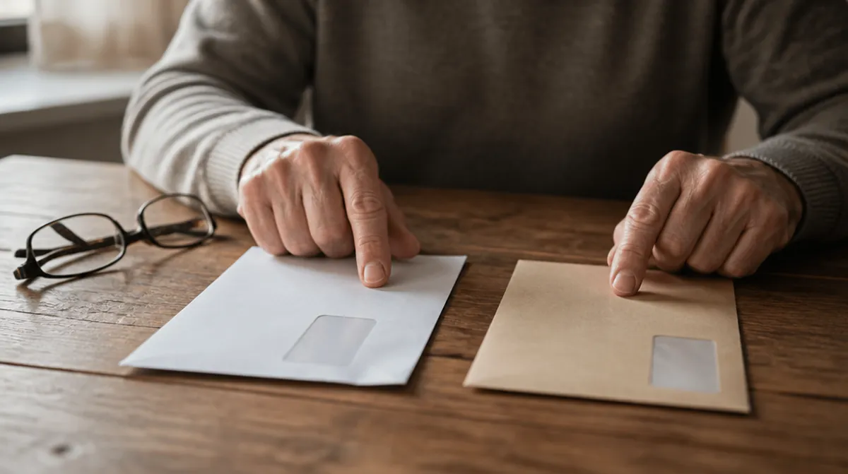 Les mains d'un retraité comparent deux courriers de pension posés côte à côte