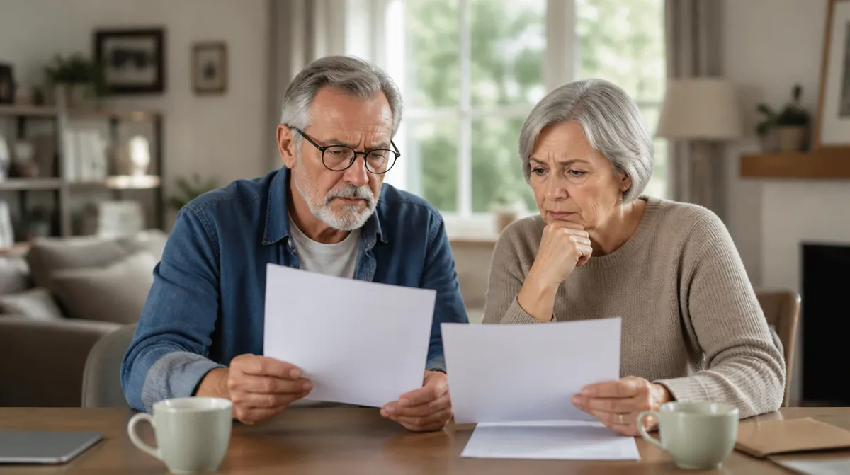 Un couple de retraités de 68 ans compare deux relevés bancaires sur la table du salon