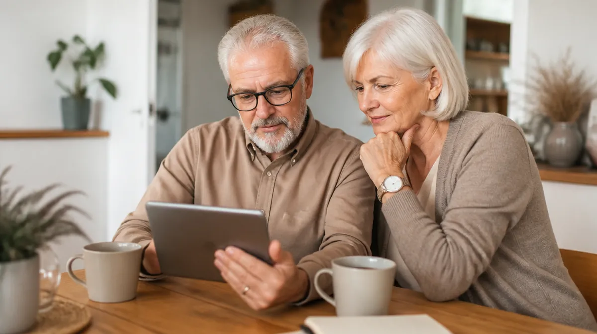 Un couple de retraités regarde son relevé bancaire sur une tablette au petit-déjeuner