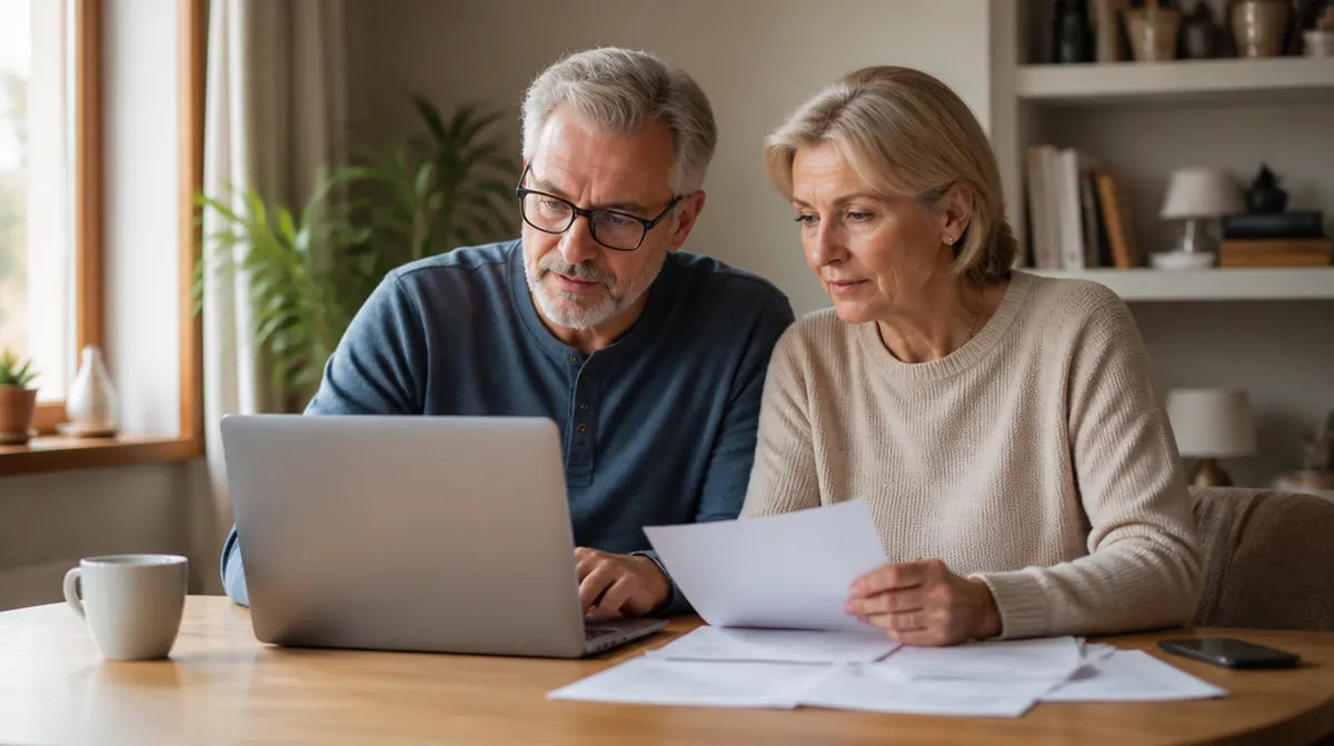 Un couple d'une soixantaine d'années regarde ensemble le résultat d'une simulation de retraite sur un ordinateur portable