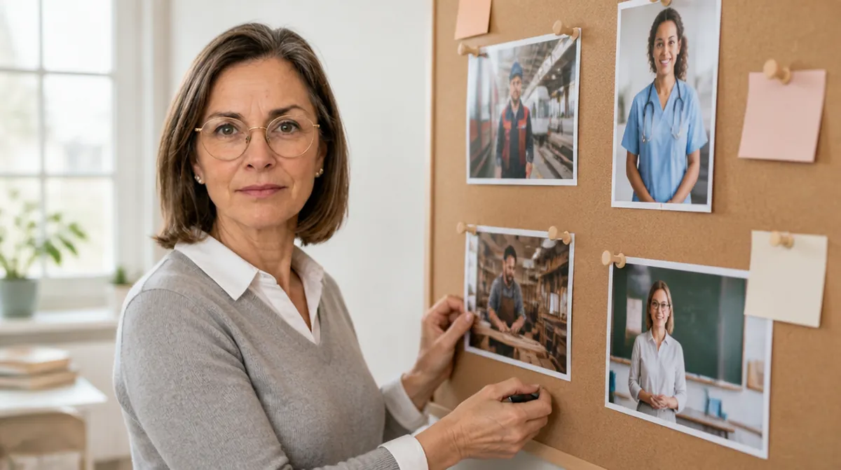 Valérie devant un tableau de photos de métiers pour expliquer les régimes de retraite
