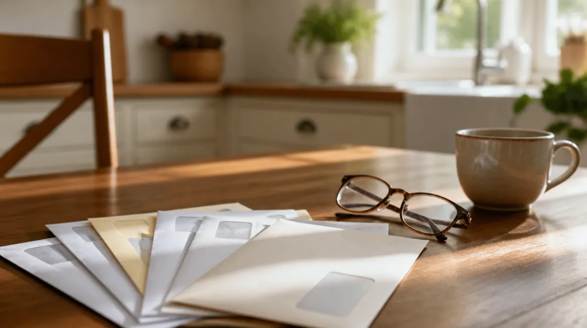Courriers de plusieurs caisses de retraite posés en éventail sur une table de cuisine