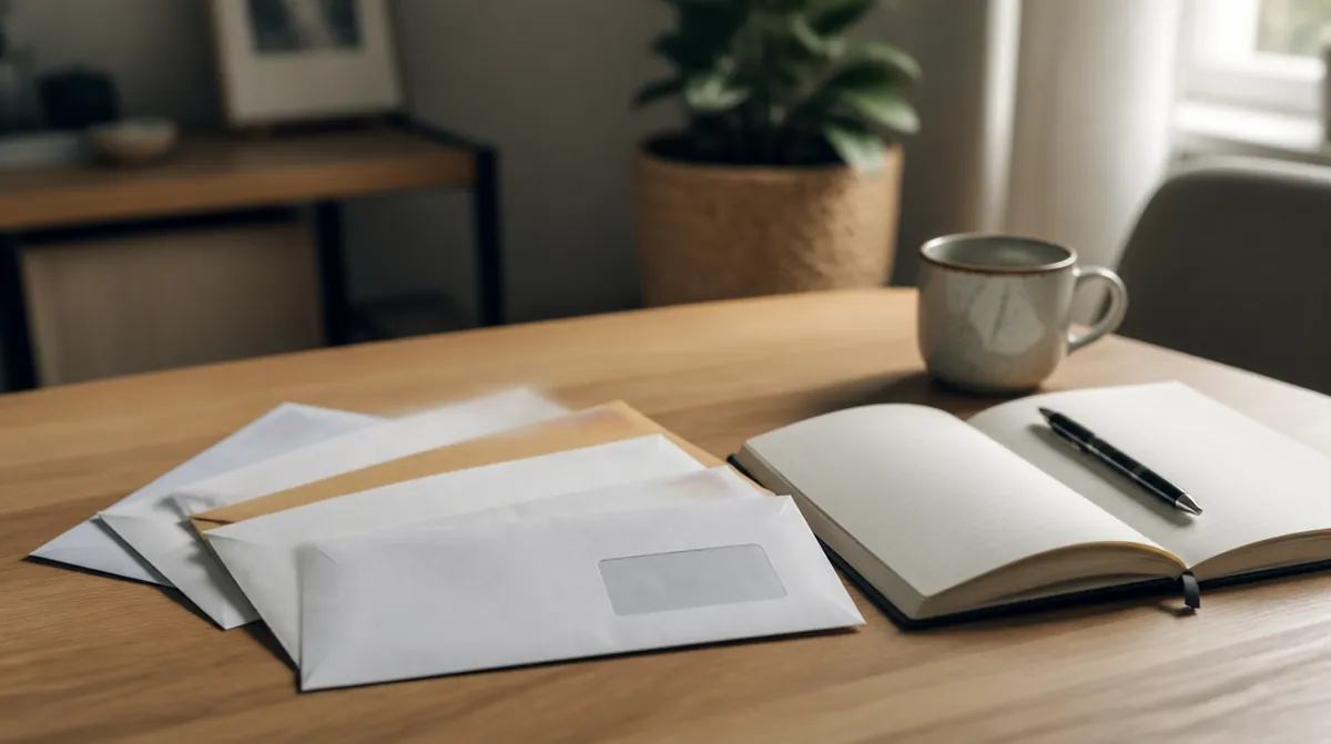 Des courriers de plusieurs caisses de retraite posés sur un bureau à côté d'un carnet