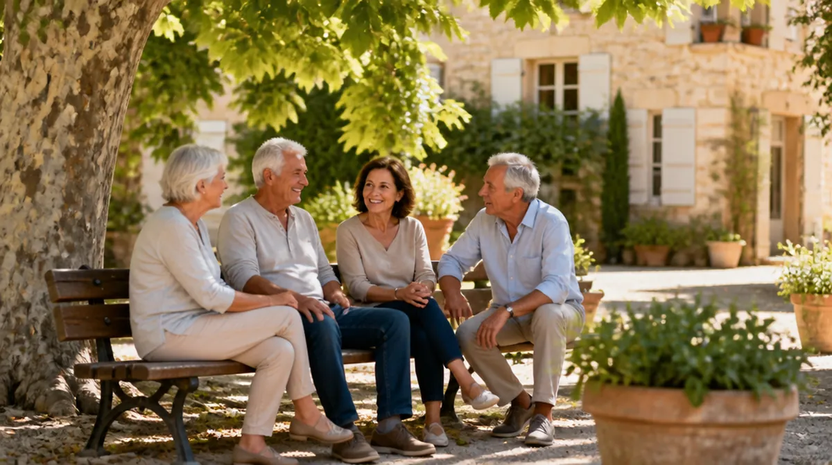 Des retraités d'une soixantaine d'années discutent sur un banc de village