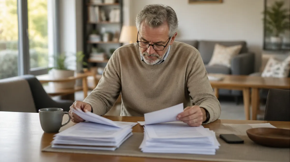 Un homme de soixante ans trie ses bulletins de salaire et ses arrêtés de fonctionnaire en deux piles