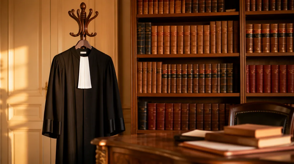Une robe d'avocat suspendue dans un cabinet aux étagères pleines de codes reliés