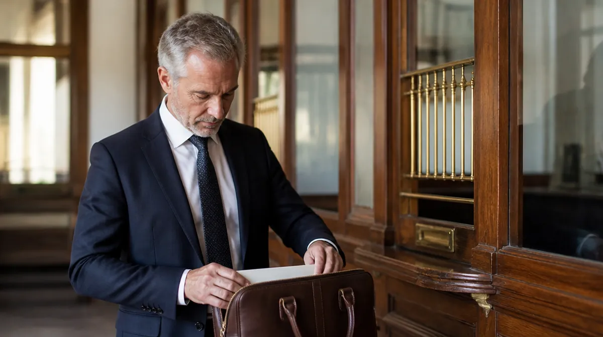 Un agent d'environ 62 ans en costume range des documents dans une serviette en cuir à un guichet de banque