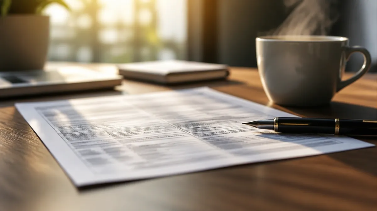 Un bulletin de paie de cadre posé sur un bureau avec un stylo plume et une tasse de café