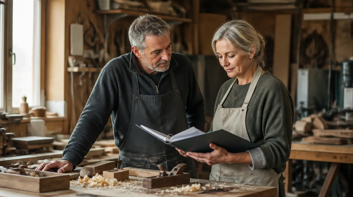 Un couple d'artisans menuisiers d'une soixantaine d'années dans leur atelier, la femme tient un classeur