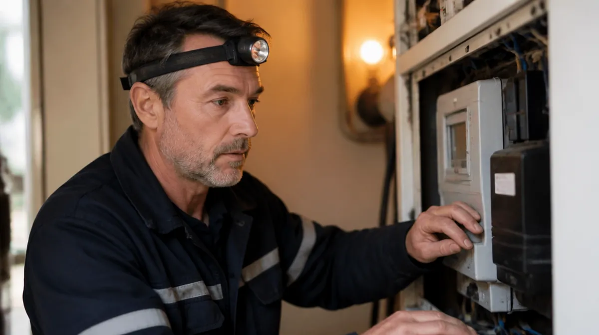 Un technicien de 58 ans vérifie un compteur électrique, quelques années avant sa retraite dans les IEG