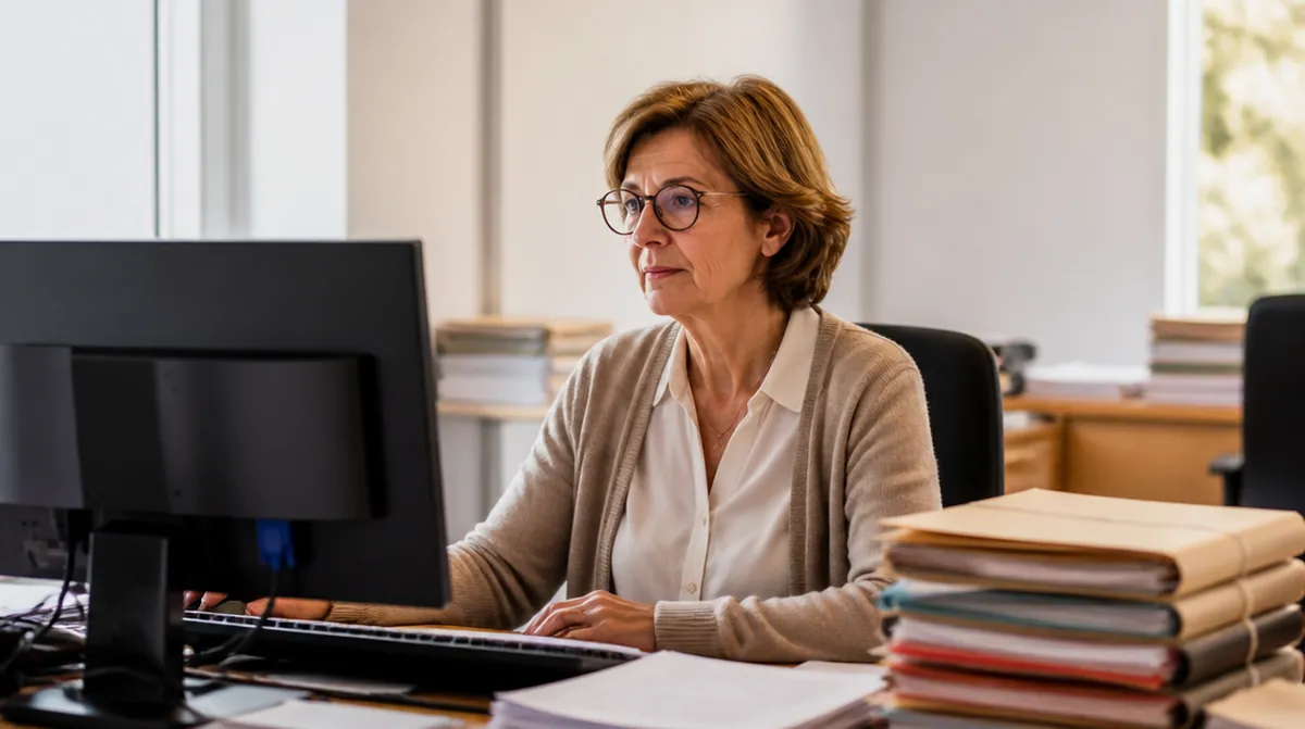 Une agente administrative d'une soixantaine d'années à son bureau, entourée de dossiers