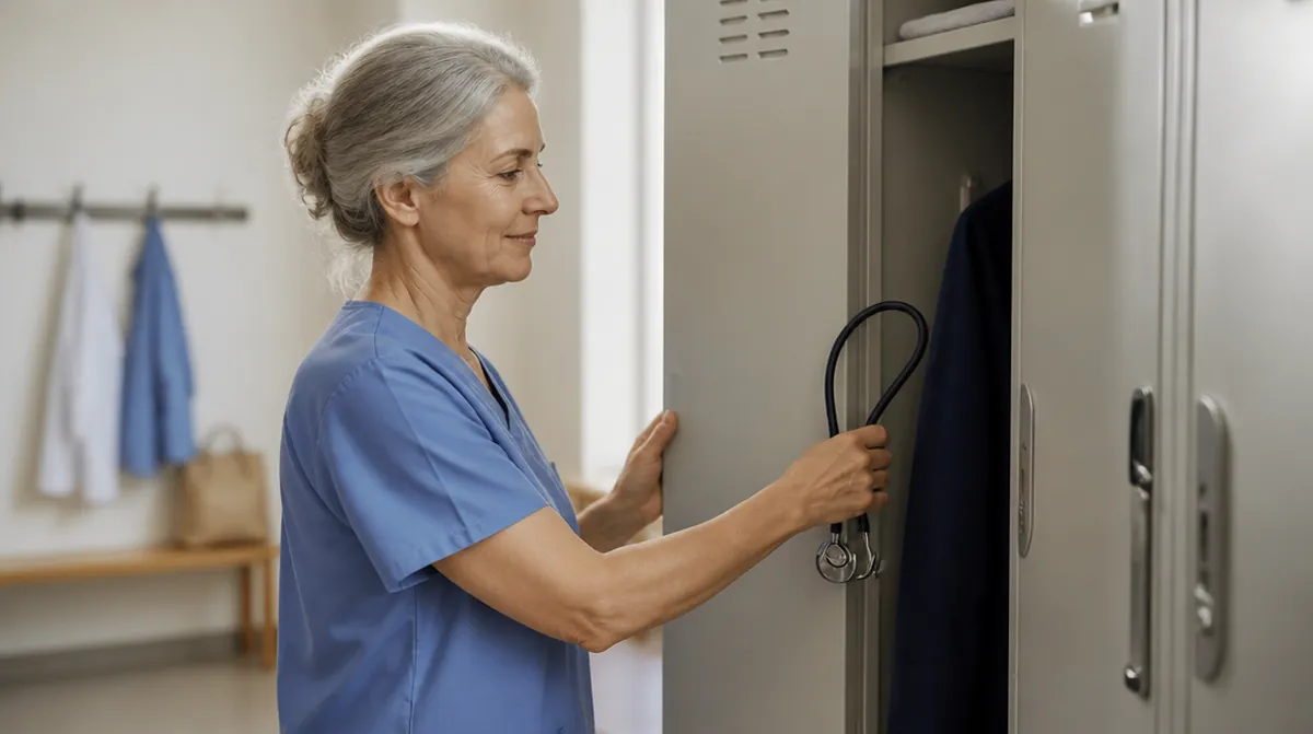 Une infirmière d'environ 60 ans range son stéthoscope dans son casier avant la retraite