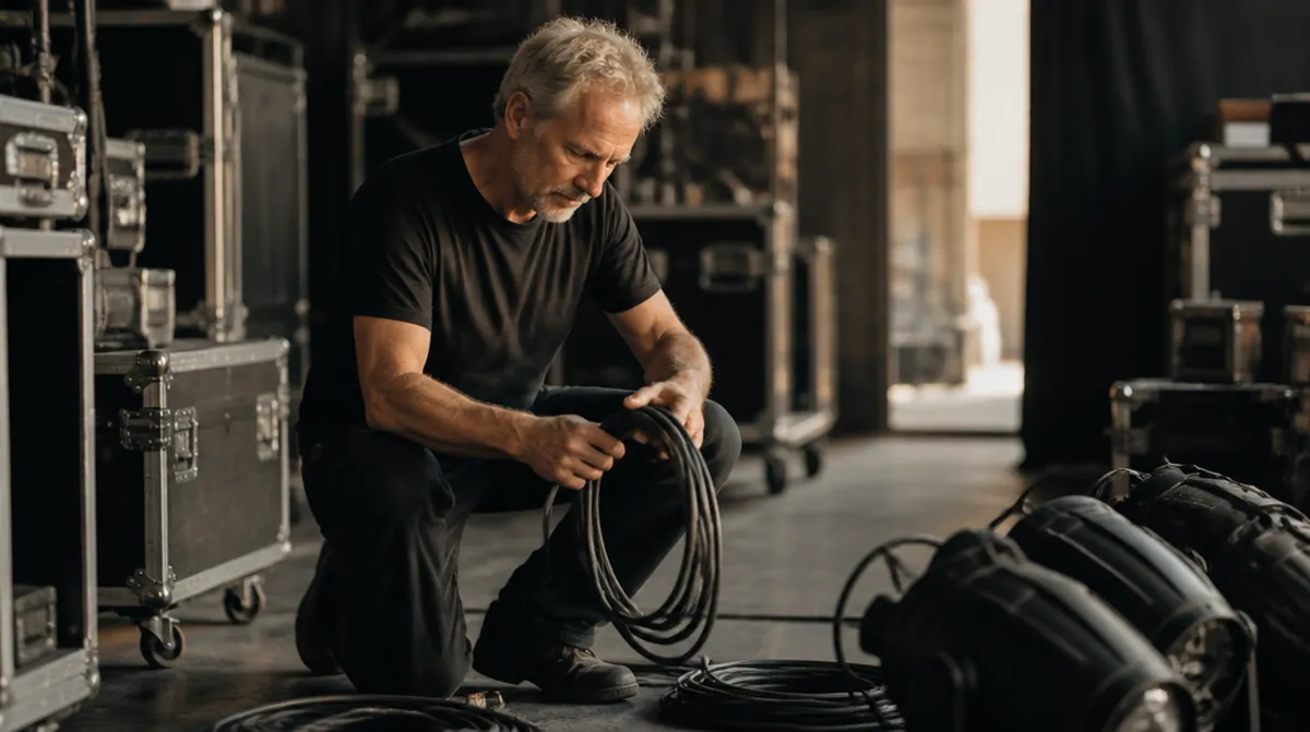 Un technicien du spectacle d'une soixantaine d'années enroule des câbles en coulisses