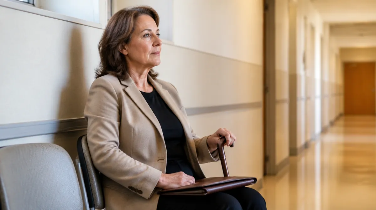 Une fonctionnaire de 58 ans avec une canne attend dans un couloir avant son passage devant le conseil médical