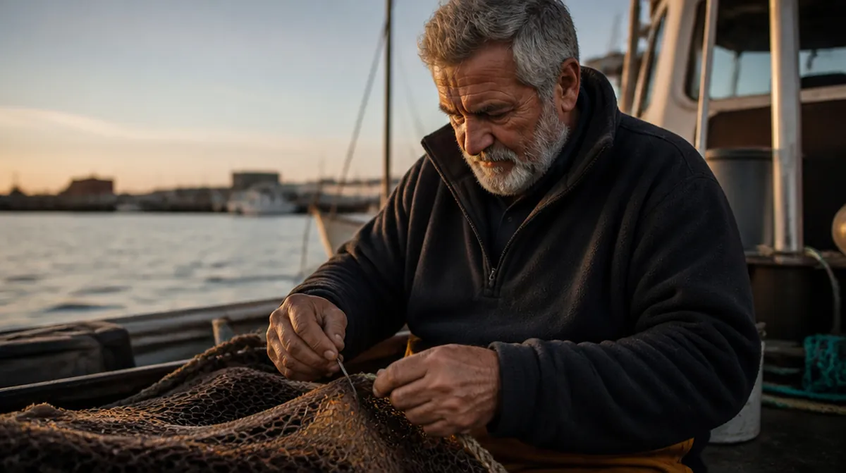 Un marin pêcheur d'une soixantaine d'années répare un filet sur le pont de son bateau