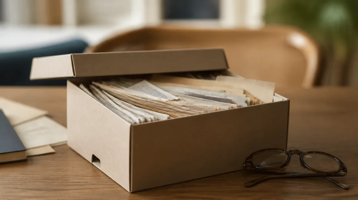 Une boîte d'archives remplie d'anciens avis de cotisation d'artisan et des lunettes de lecture