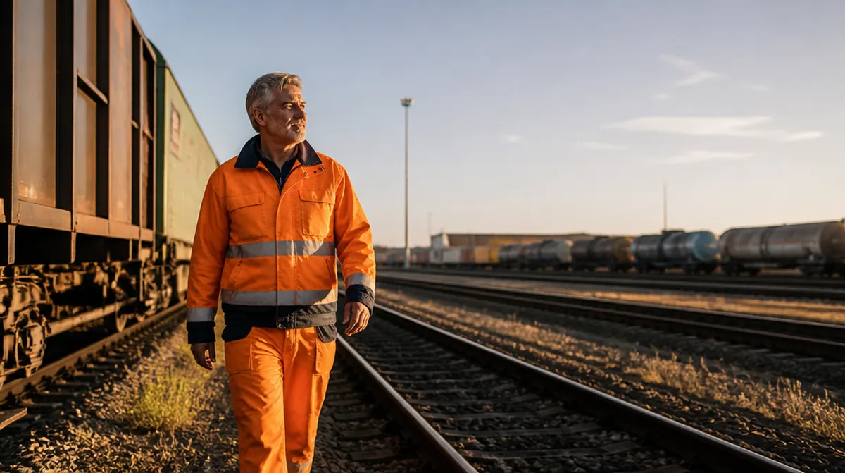Un cheminot d'une soixantaine d'années marche le long des voies dans un dépôt ferroviaire